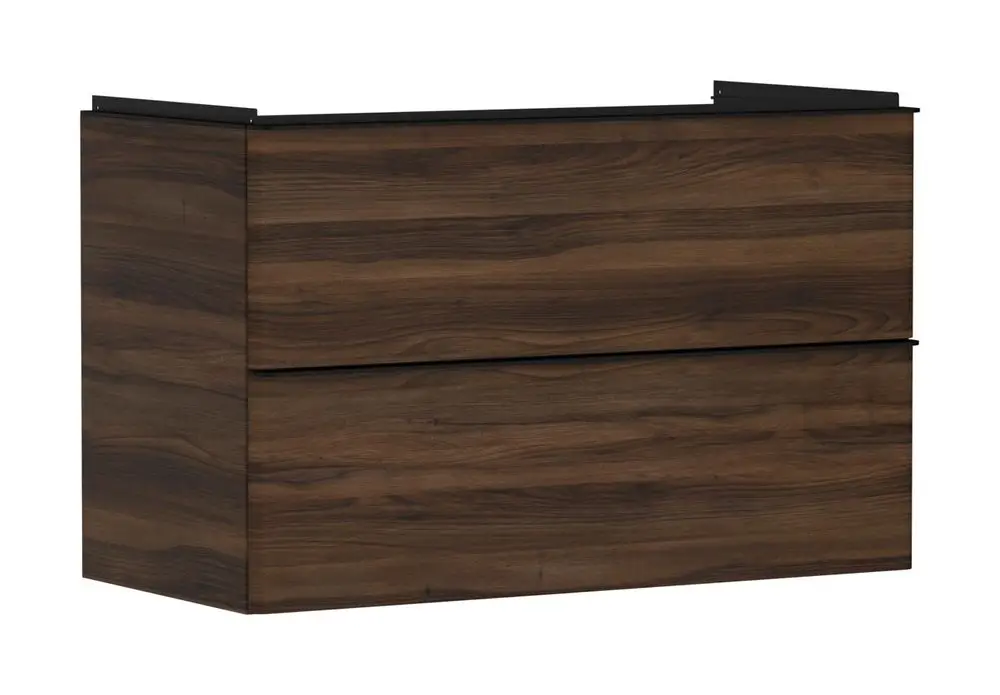 Waschtischunterschrank in dunkler Holzoptik mit zwei Schubkästen, geeignet für die Verwendung mit Hansgrohe Waschbecken.